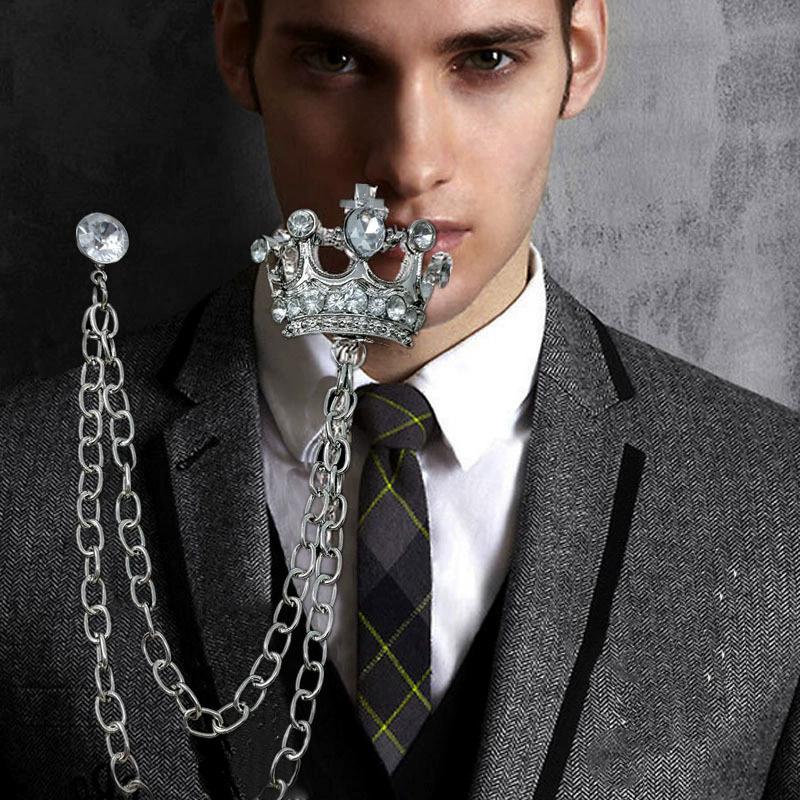 1PC   The New Unisex Lapel Pin Brooch Tassel Chain Crown Brooch Pin Mens Accessories Couple Brooches Adornment Hot SaleA-911-1