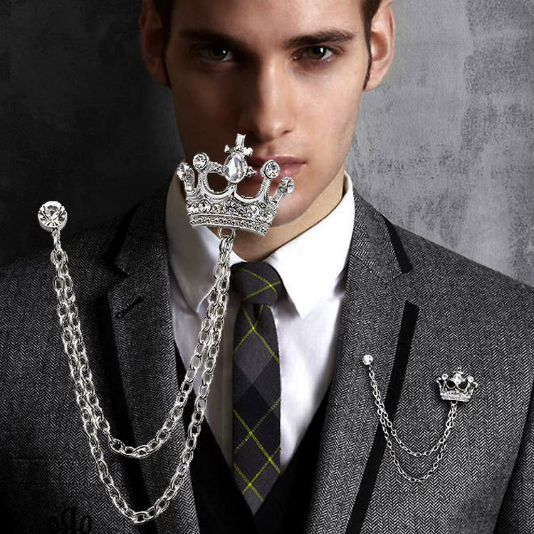 1PC   The New Unisex Lapel Pin Brooch Tassel Chain Crown Brooch Pin Mens Accessories Couple Brooches Adornment Hot SaleA-911-1
