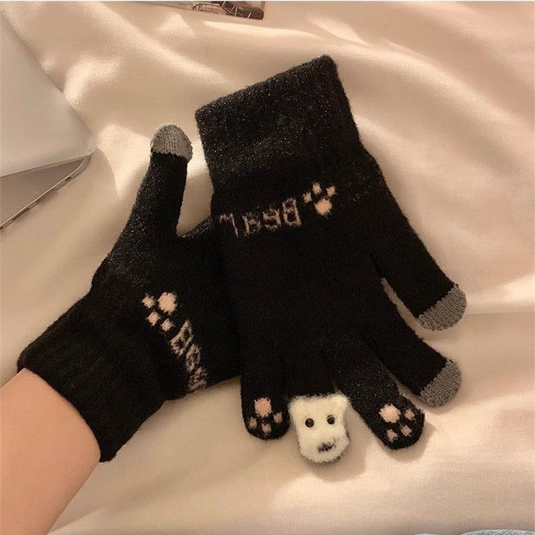 1Pair  Cute Plush Gloves with Touch Screen for Cycling and Anti Cold Finger Gloves for Women, Thickened and Warm in Winter