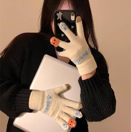 1Pair  Cute Plush Gloves with Touch Screen for Cycling and Anti Cold Finger Gloves for Women, Thickened and Warm in Winter