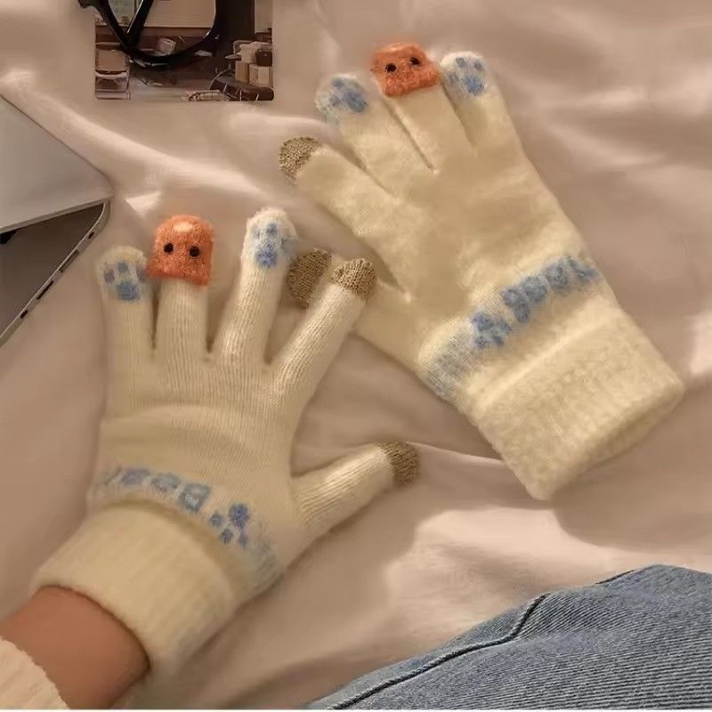 1Pair  Cute Plush Gloves with Touch Screen for Cycling and Anti Cold Finger Gloves for Women, Thickened and Warm in Winter