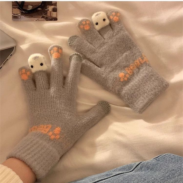 1Pair  Cute Plush Gloves with Touch Screen for Cycling and Anti Cold Finger Gloves for Women, Thickened and Warm in Winter