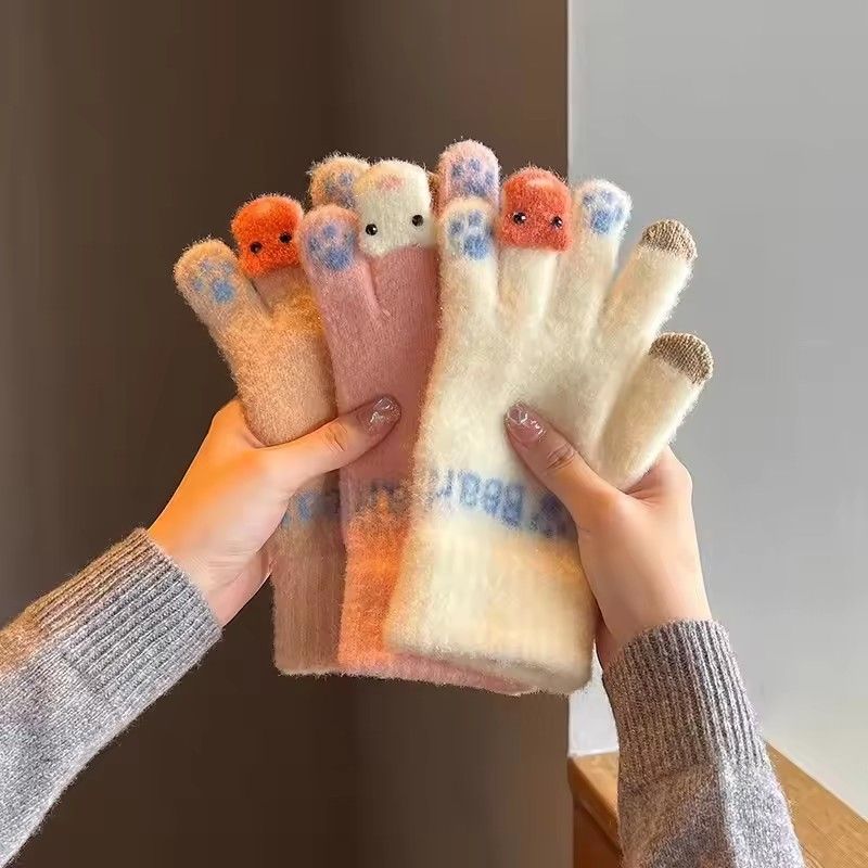 1Pair  Cute Plush Gloves with Touch Screen for Cycling and Anti Cold Finger Gloves for Women, Thickened and Warm in Winter