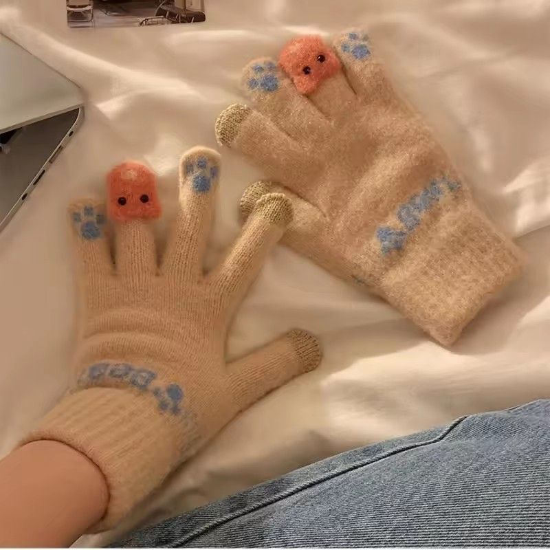 1Pair  Cute Plush Gloves with Touch Screen for Cycling and Anti Cold Finger Gloves for Women, Thickened and Warm in Winter