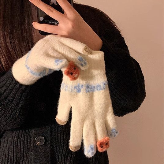 1Pair  Cute Plush Gloves with Touch Screen for Cycling and Anti Cold Finger Gloves for Women, Thickened and Warm in Winter