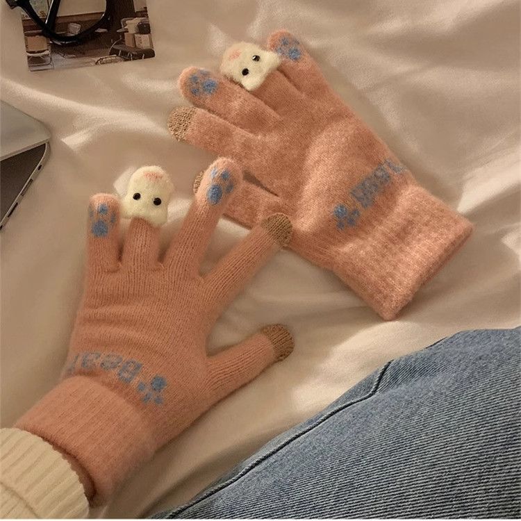 1Pair  Cute Plush Gloves with Touch Screen for Cycling and Anti Cold Finger Gloves for Women, Thickened and Warm in Winter