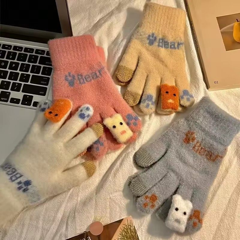 1Pair  Cute Plush Gloves with Touch Screen for Cycling and Anti Cold Finger Gloves for Women, Thickened and Warm in Winter