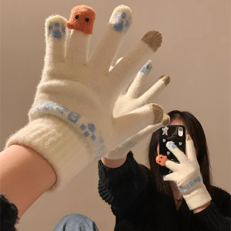 1Pair  Cute Plush Gloves with Touch Screen for Cycling and Anti Cold Finger Gloves for Women, Thickened and Warm in Winter