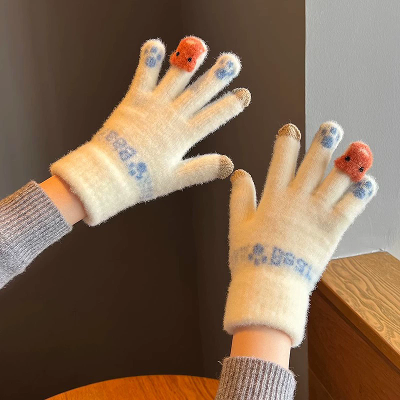 1Pair  Cute Plush Gloves with Touch Screen for Cycling and Anti Cold Finger Gloves for Women, Thickened and Warm in Winter