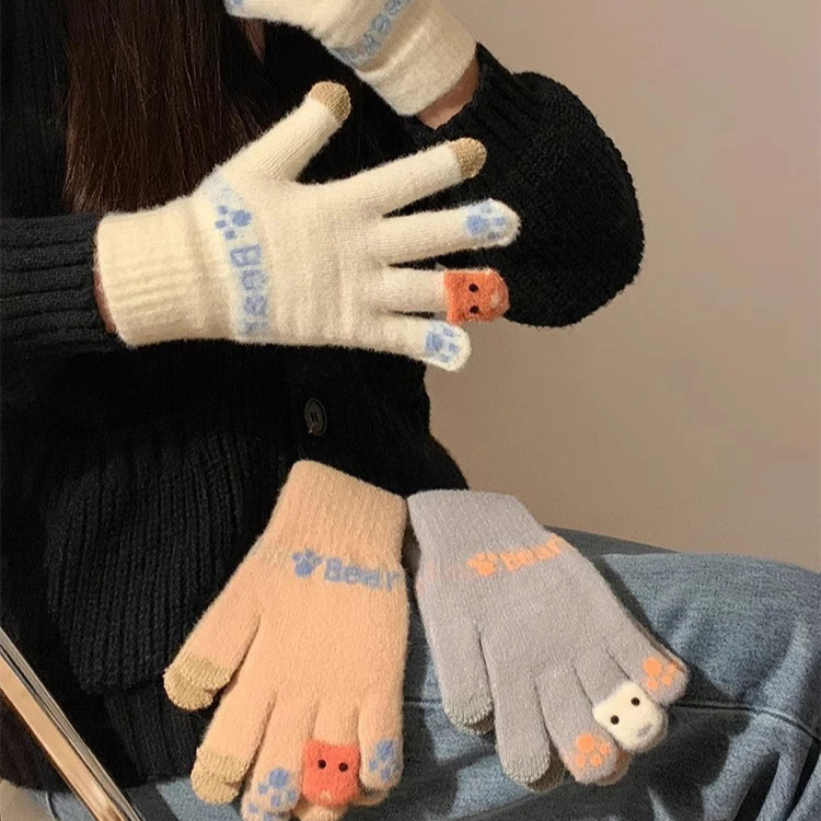 1Pair  Cute Plush Gloves with Touch Screen for Cycling and Anti Cold Finger Gloves for Women, Thickened and Warm in Winter