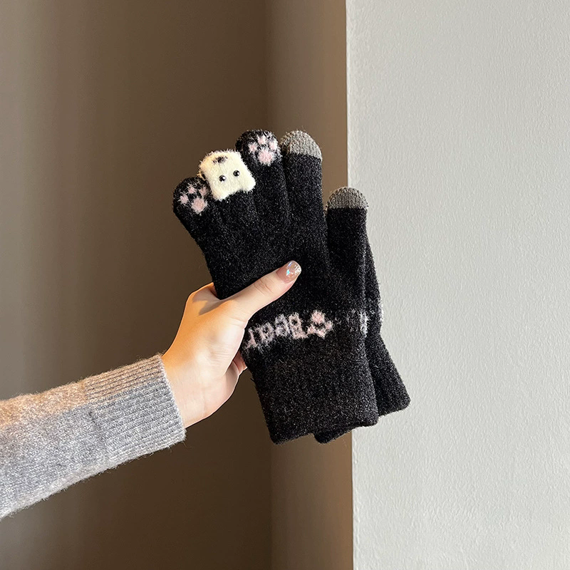 1Pair  Cute Plush Gloves with Touch Screen for Cycling and Anti Cold Finger Gloves for Women, Thickened and Warm in Winter