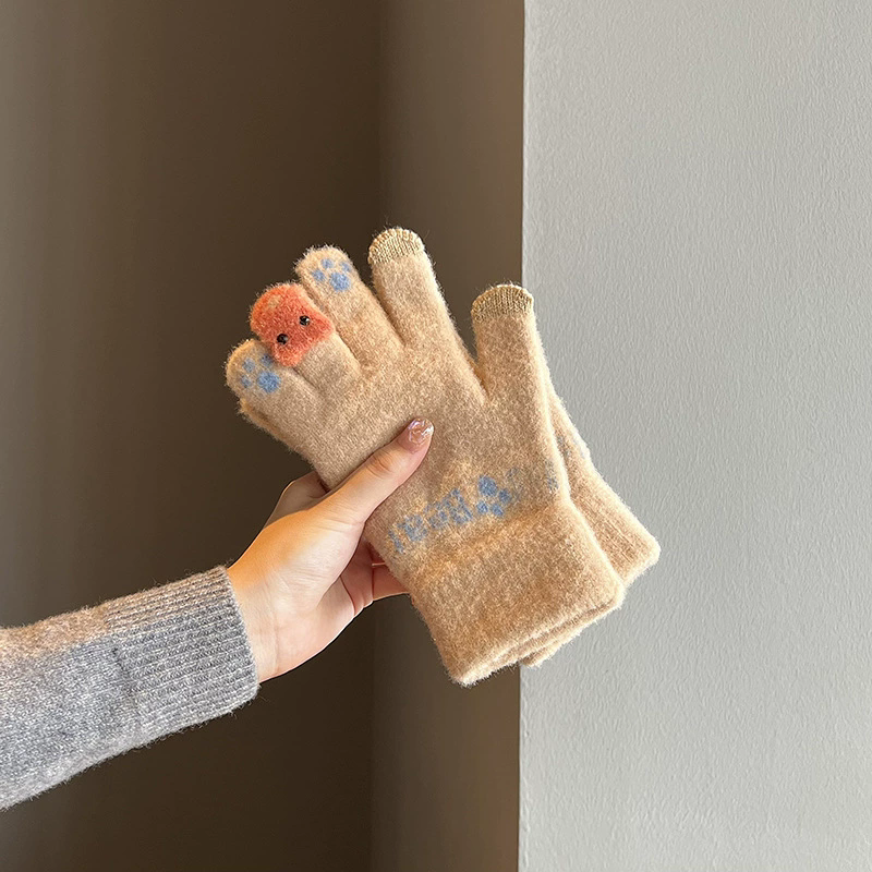 1Pair  Cute Plush Gloves with Touch Screen for Cycling and Anti Cold Finger Gloves for Women, Thickened and Warm in Winter