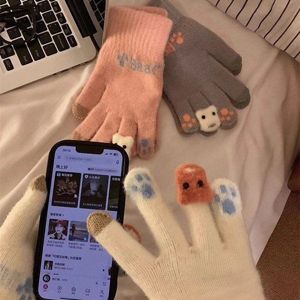 1Pair  Cute Plush Gloves with Touch Screen for Cycling and Anti Cold Finger Gloves for Women, Thickened and Warm in Winter