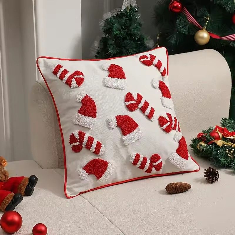 1PCNew Year Christmas Cushion Cover Christmas 3D Cartoon Pillow Case Candy Hat Cane Pillow Covers Decorative Festival Home Decor