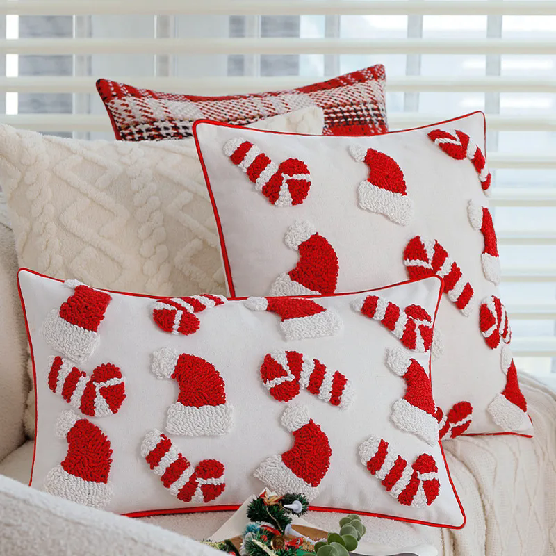 1PCNew Year Christmas Cushion Cover Christmas 3D Cartoon Pillow Case Candy Hat Cane Pillow Covers Decorative Festival Home Decor