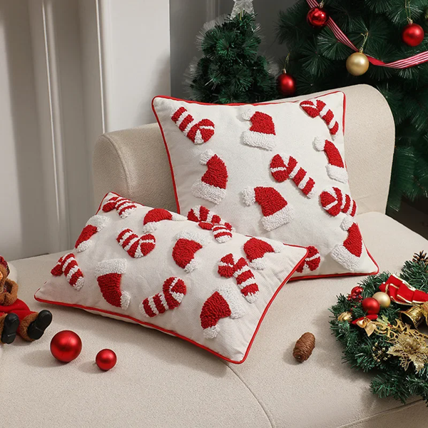 1PCNew Year Christmas Cushion Cover Christmas 3D Cartoon Pillow Case Candy Hat Cane Pillow Covers Decorative Festival Home Decor