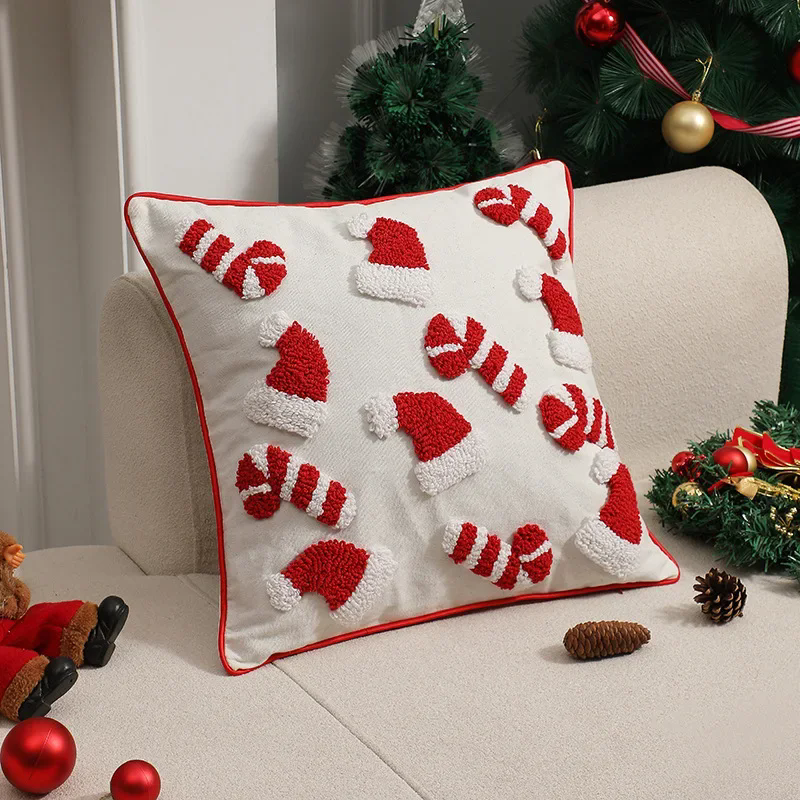 1PCNew Year Christmas Cushion Cover Christmas 3D Cartoon Pillow Case Candy Hat Cane Pillow Covers Decorative Festival Home Decor