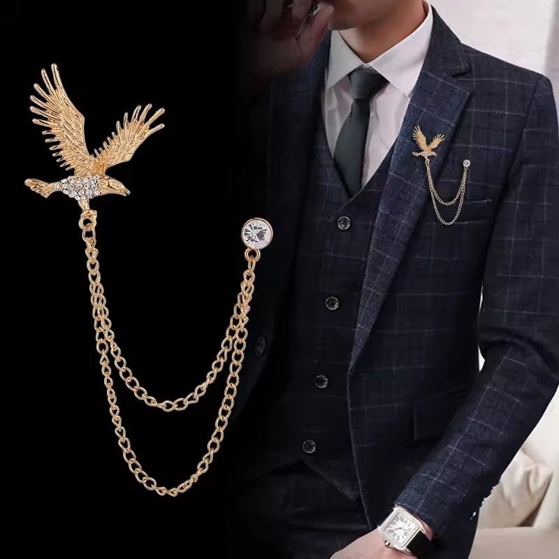 1PC Korean British Style Crown Bird Brooch Cross Suit Tassel Chain Lapel Pin Angle Wings Badge RetroFemaleCorsageMen Accessories