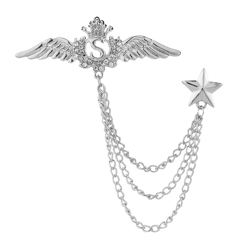 1PC Korean British Style Crown Bird Brooch Cross Suit Tassel Chain Lapel Pin Angle Wings Badge RetroFemaleCorsageMen Accessories