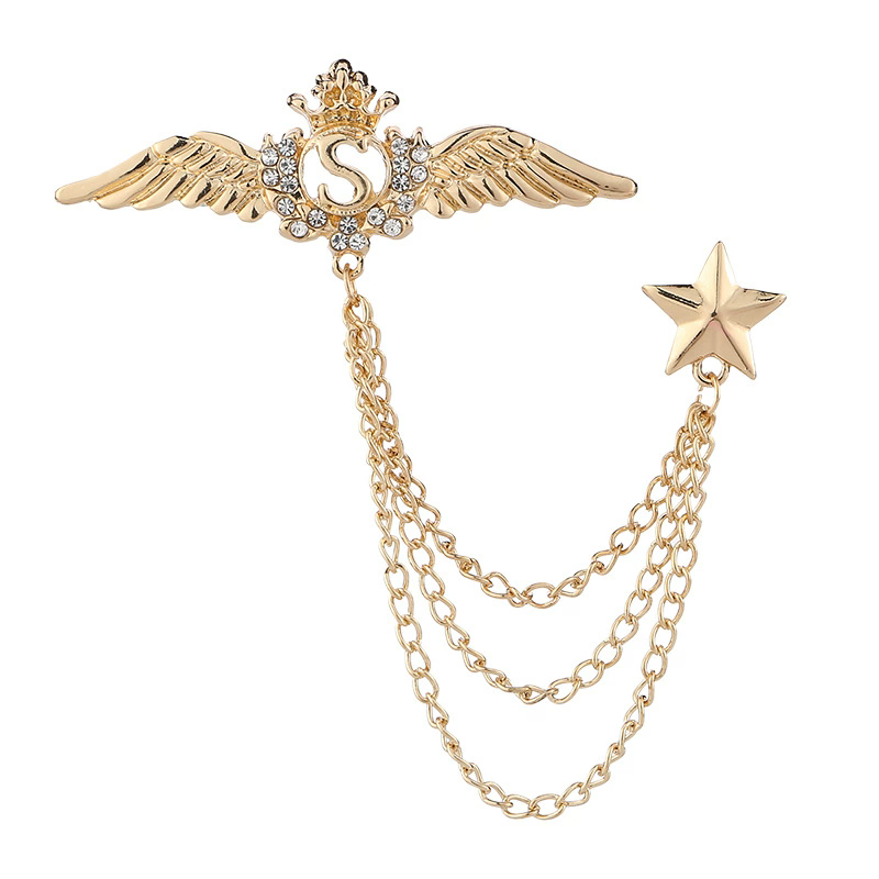 1PC Korean British Style Crown Bird Brooch Cross Suit Tassel Chain Lapel Pin Angle Wings Badge RetroFemaleCorsageMen Accessories