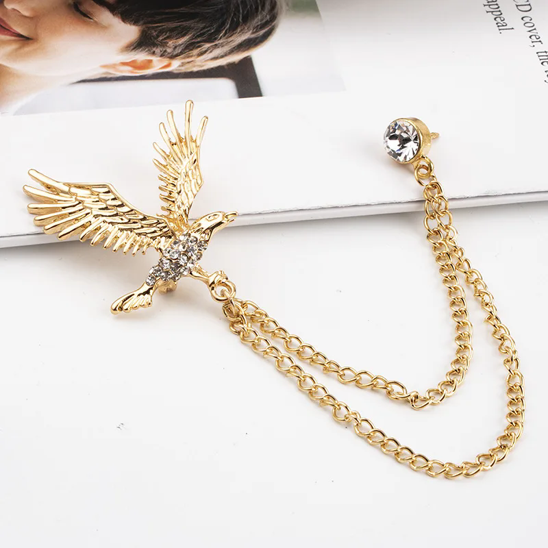 1PC Korean British Style Crown Bird Brooch Cross Suit Tassel Chain Lapel Pin Angle Wings Badge RetroFemaleCorsageMen Accessories