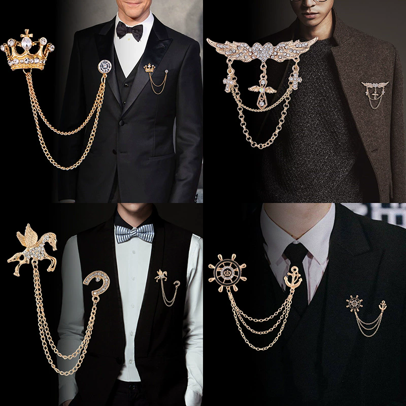 1PC Korean British Style Crown Bird Brooch Cross Suit Tassel Chain Lapel Pin Angle Wings Badge RetroFemaleCorsageMen Accessories