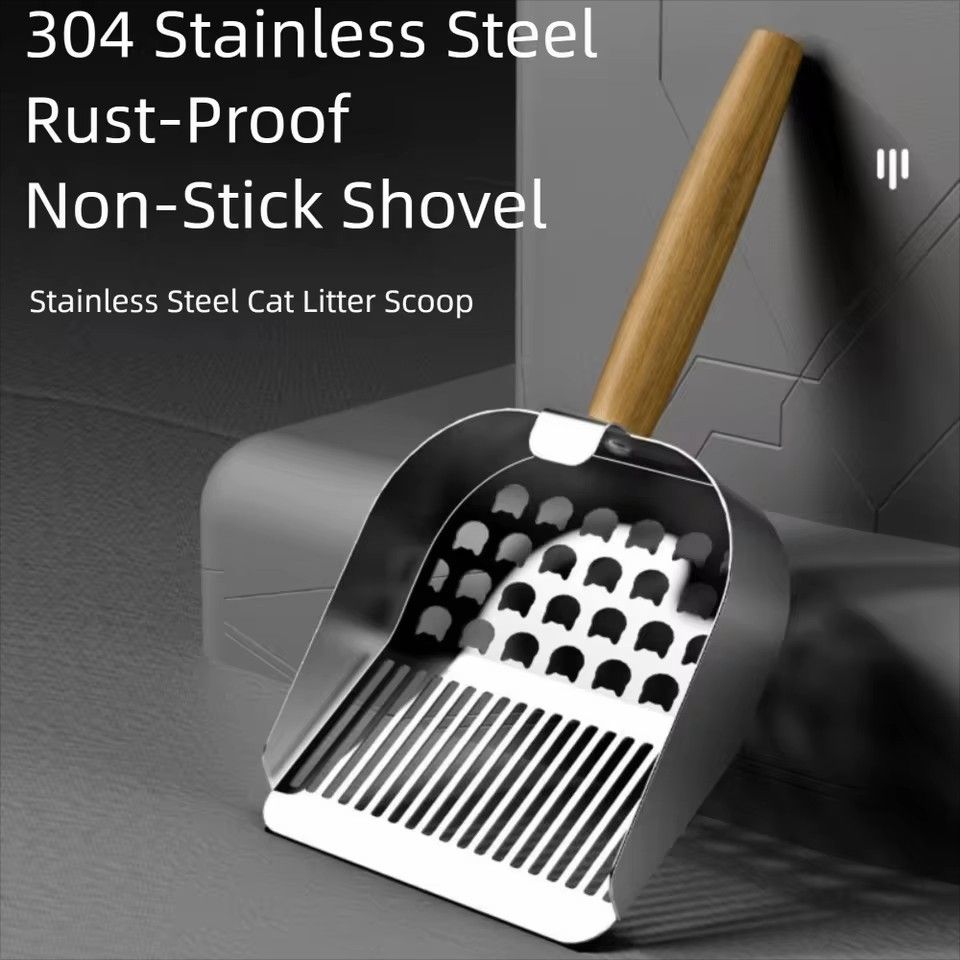 1PC 2 in 1 Cat Litter Scoop Wood Handle Stainless Steel Cat Poop Sifting Tool Easy To Clean Hollow Out Pet Waste Shovel Pet Care