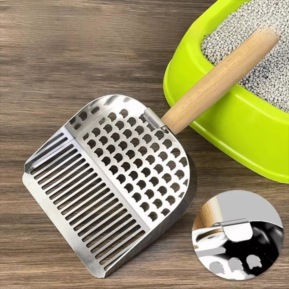1PC 2 in 1 Cat Litter Scoop Wood Handle Stainless Steel Cat Poop Sifting Tool Easy To Clean Hollow Out Pet Waste Shovel Pet Care