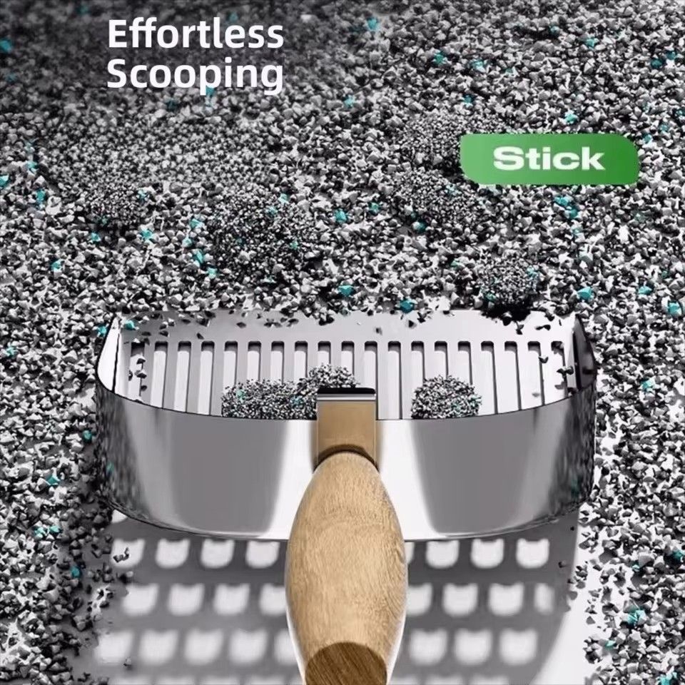1PC 2 in 1 Cat Litter Scoop Wood Handle Stainless Steel Cat Poop Sifting Tool Easy To Clean Hollow Out Pet Waste Shovel Pet Care