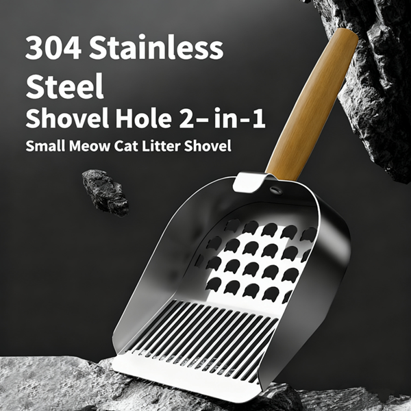 1PC 2 in 1 Cat Litter Scoop Wood Handle Stainless Steel Cat Poop Sifting Tool Easy To Clean Hollow Out Pet Waste Shovel Pet Care