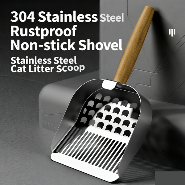 1PC 2 in 1 Cat Litter Scoop Wood Handle Stainless Steel Cat Poop Sifting Tool Easy To Clean Hollow Out Pet Waste Shovel Pet Care