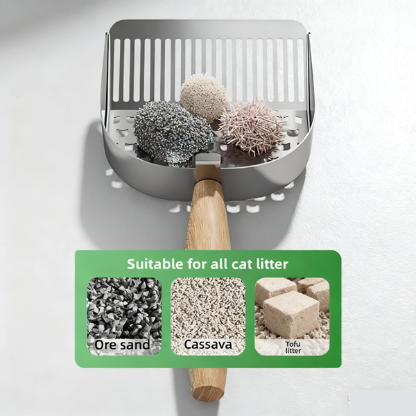 1PC 2 in 1 Cat Litter Scoop Wood Handle Stainless Steel Cat Poop Sifting Tool Easy To Clean Hollow Out Pet Waste Shovel Pet Care