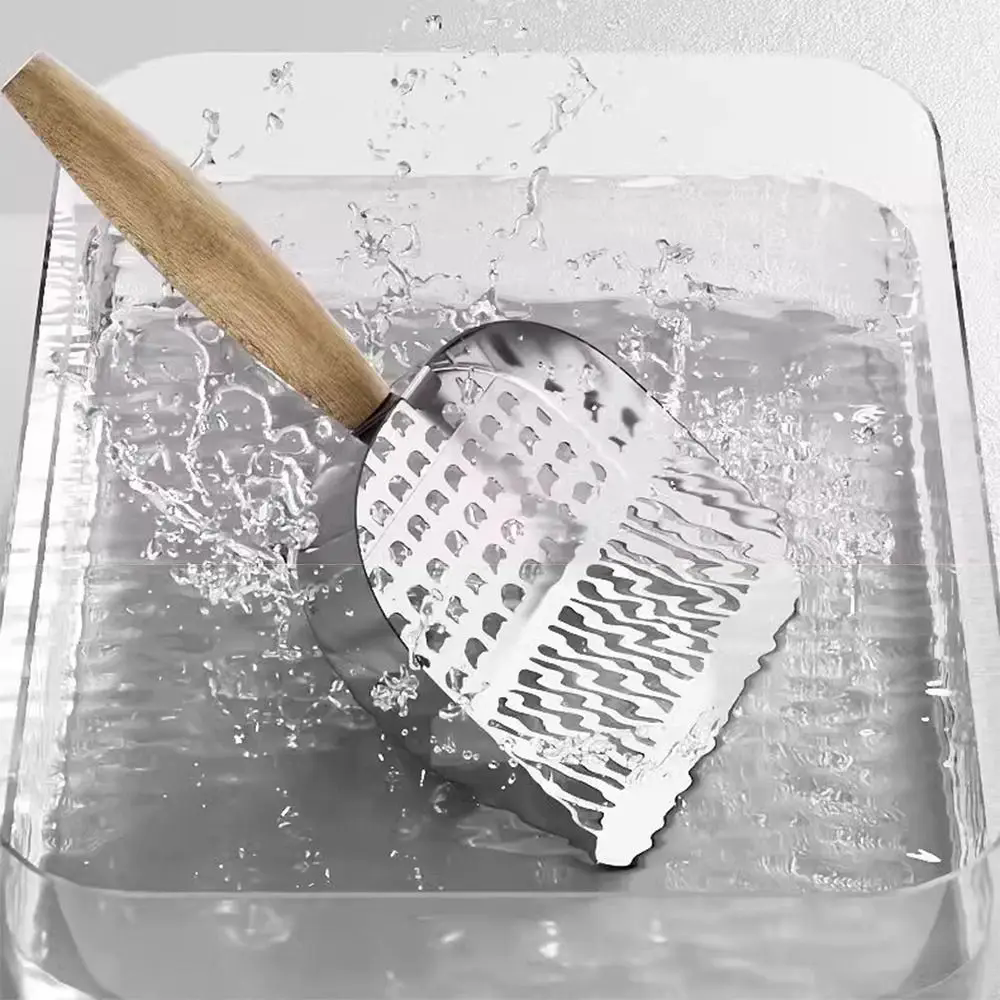 1PC 2 in 1 Cat Litter Scoop Wood Handle Stainless Steel Cat Poop Sifting Tool Easy To Clean Hollow Out Pet Waste Shovel Pet Care