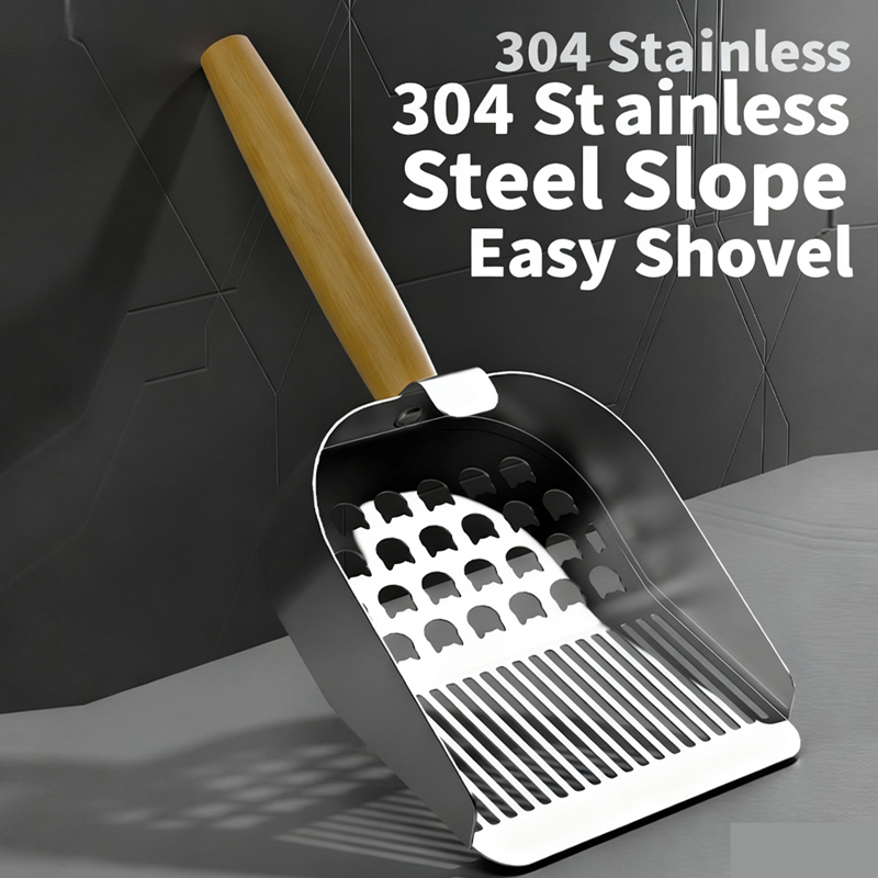 1PC 2 in 1 Cat Litter Scoop Wood Handle Stainless Steel Cat Poop Sifting Tool Easy To Clean Hollow Out Pet Waste Shovel Pet Care