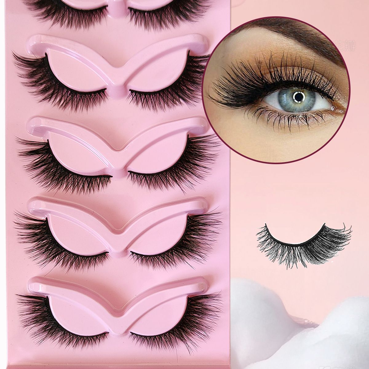 5 Pair of American style 5-pack fox style diagonal fly false eyelashes, natural one piece black stem cat eye false eyelashes view 2
