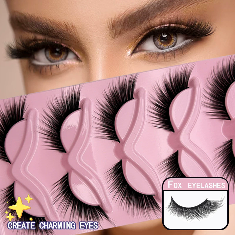 5 Pair of American style 5-pack fox style diagonal fly false eyelashes, natural one piece black stem cat eye false eyelashes view 6
