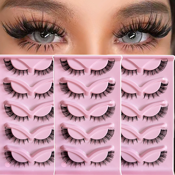 5 Pair of American style 5-pack fox style diagonal fly false eyelashes, natural one piece black stem cat eye false eyelashes view 4
