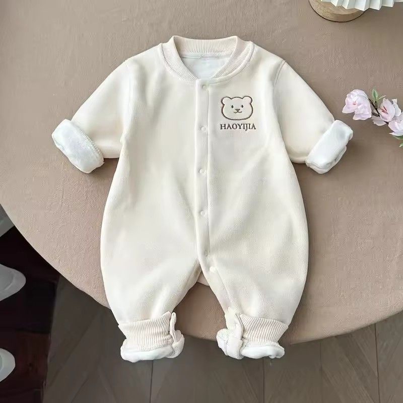 1PC   Autumn and winter baby plush thick boneless bear head front opening long sleeved baby warm outer jumpsuit