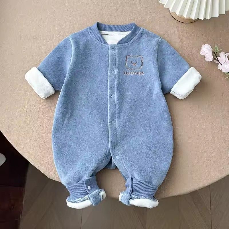 1PC   Autumn and winter baby plush thick boneless bear head front opening long sleeved baby warm outer jumpsuit