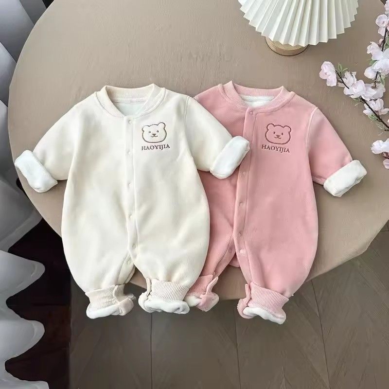 1PC   Autumn and winter baby plush thick boneless bear head front opening long sleeved baby warm outer jumpsuit