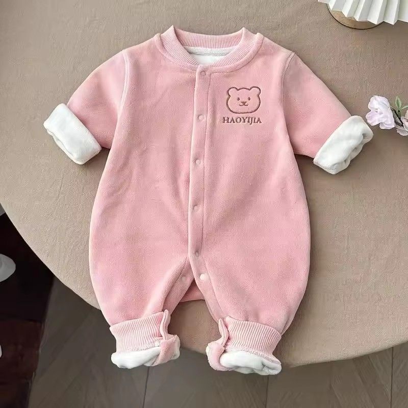 1PC   Autumn and winter baby plush thick boneless bear head front opening long sleeved baby warm outer jumpsuit
