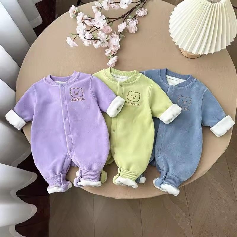 1PC   Autumn and winter baby plush thick boneless bear head front opening long sleeved baby warm outer jumpsuit
