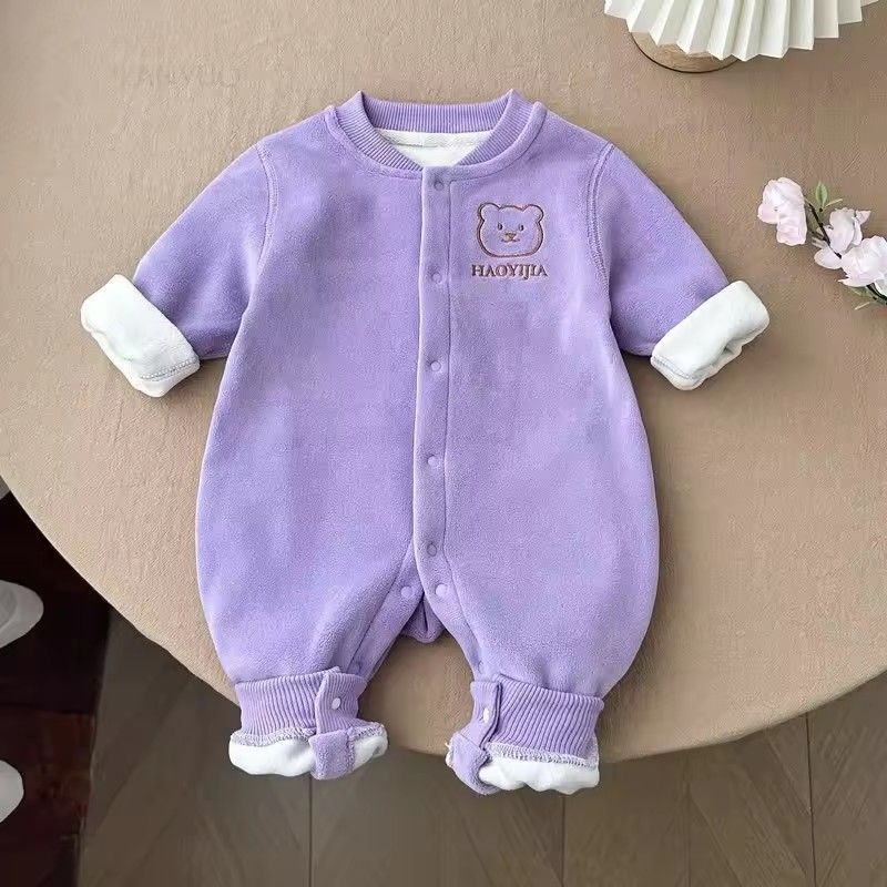 1PC   Autumn and winter baby plush thick boneless bear head front opening long sleeved baby warm outer jumpsuit