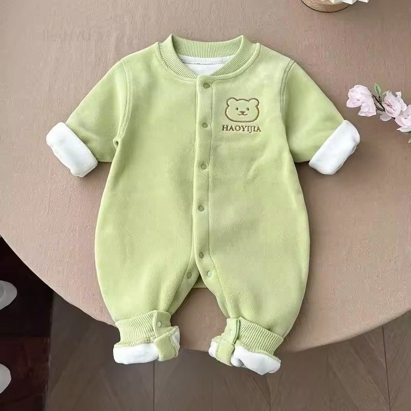 1PC   Autumn and winter baby plush thick boneless bear head front opening long sleeved baby warm outer jumpsuit