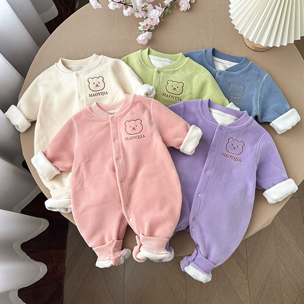 1PC   Autumn and winter baby plush thick boneless bear head front opening long sleeved baby warm outer jumpsuit