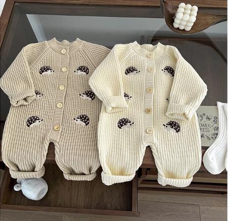 1PC   Newborn Baby Rompers Cartoon Hedgehog Embroidery Long Sleeved Knitted Jumpsuit Autumn Baby Sweater Outerwear