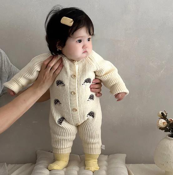 1PC   Newborn Baby Rompers Cartoon Hedgehog Embroidery Long Sleeved Knitted Jumpsuit Autumn Baby Sweater Outerwear