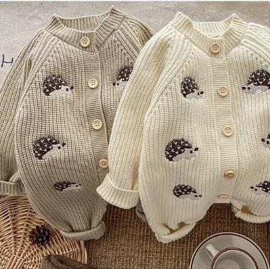 1PC   Newborn Baby Rompers Cartoon Hedgehog Embroidery Long Sleeved Knitted Jumpsuit Autumn Baby Sweater Outerwear