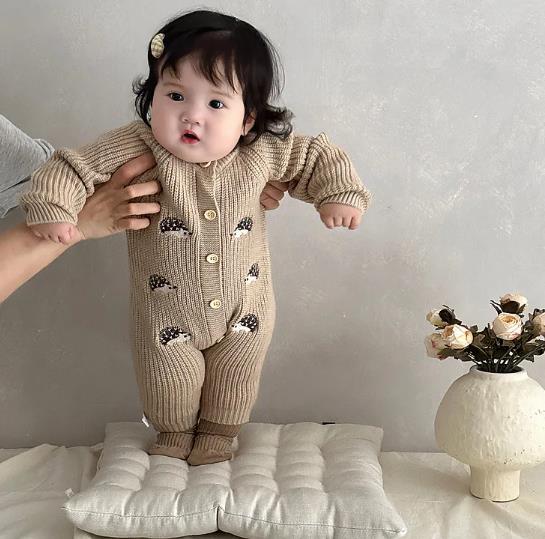 1PC   Newborn Baby Rompers Cartoon Hedgehog Embroidery Long Sleeved Knitted Jumpsuit Autumn Baby Sweater Outerwear
