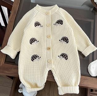 1PC   Newborn Baby Rompers Cartoon Hedgehog Embroidery Long Sleeved Knitted Jumpsuit Autumn Baby Sweater Outerwear
